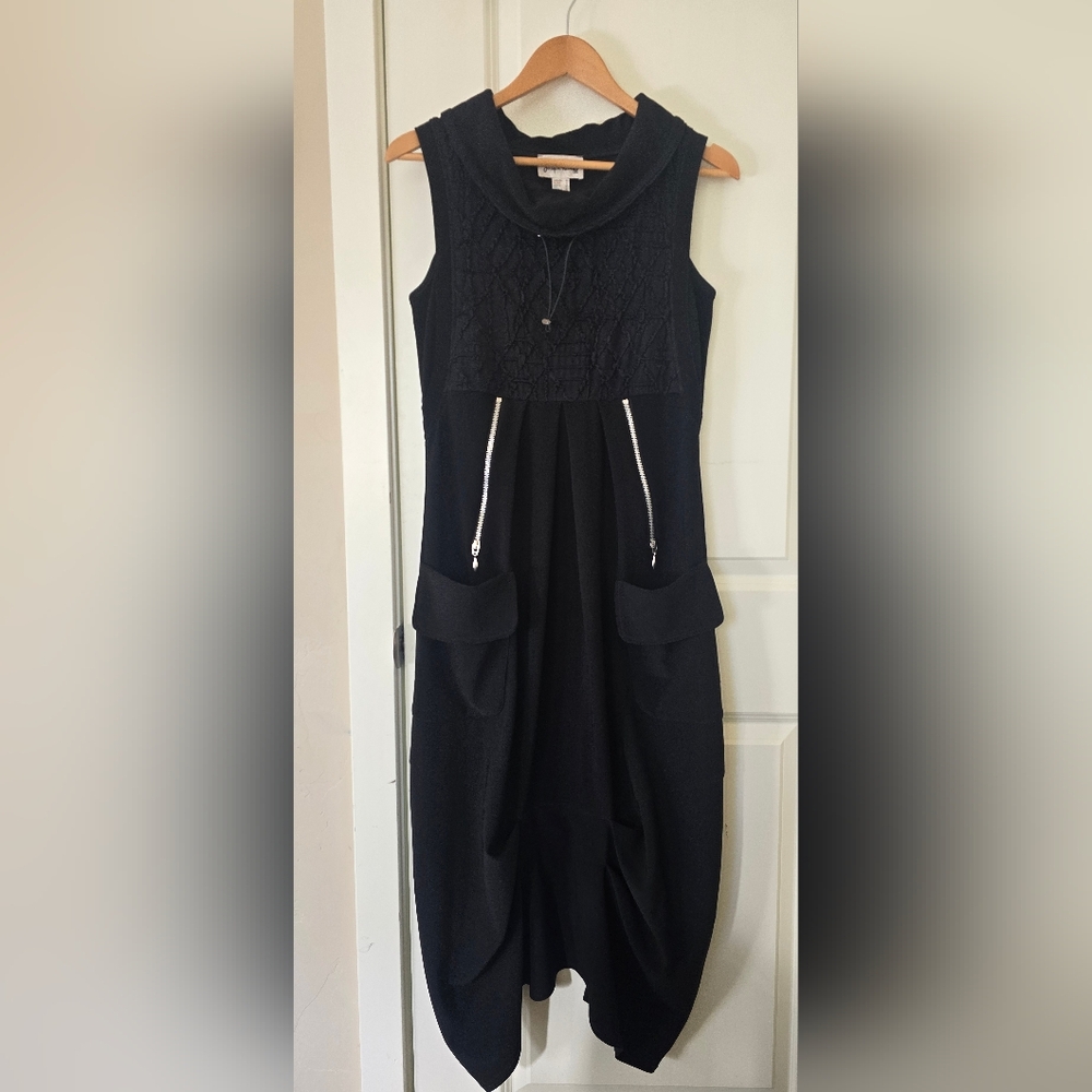 Joseph Ribkoff Black Embroidered Zipper Pocket Sharkbite Dress 6 Grunge Goth